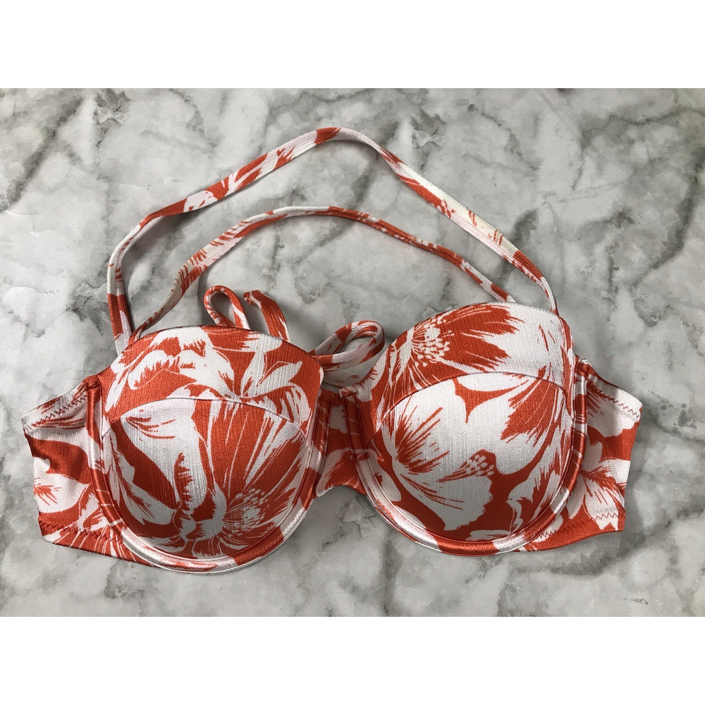 Shade & Shore Bikini Swimsuit Swim Top 34D Orange White Floral Lightly Padded